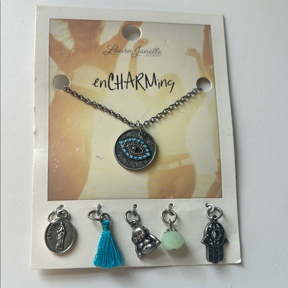 Silver and Blue Evil Eye Necklace and Charm Set